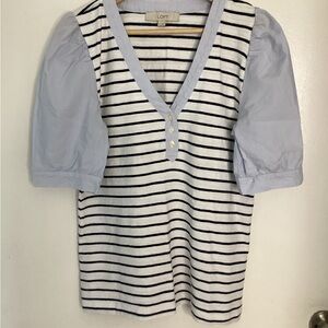 LOFT Black and White Striped Top with Light Blue  Sleeves M